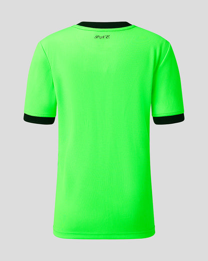 A bright neon green short-sleeve athletic t-shirt shown from the back, featuring black ribbed trim at the collar and sleeve cuffs, with a small black 'PNE' logo printed near the inner neckline.