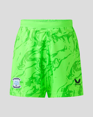 Bright green athletic shorts with a darker green marbled pattern, featuring a PNE crest on the left leg and a black Castore logo on the right leg, shown against a solid gray background.