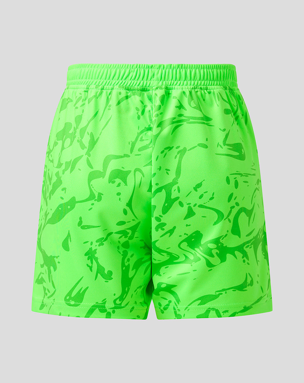 Bright neon green athletic shorts with a darker green abstract marbled pattern, featuring an elastic waistband, shown against a solid gray background.