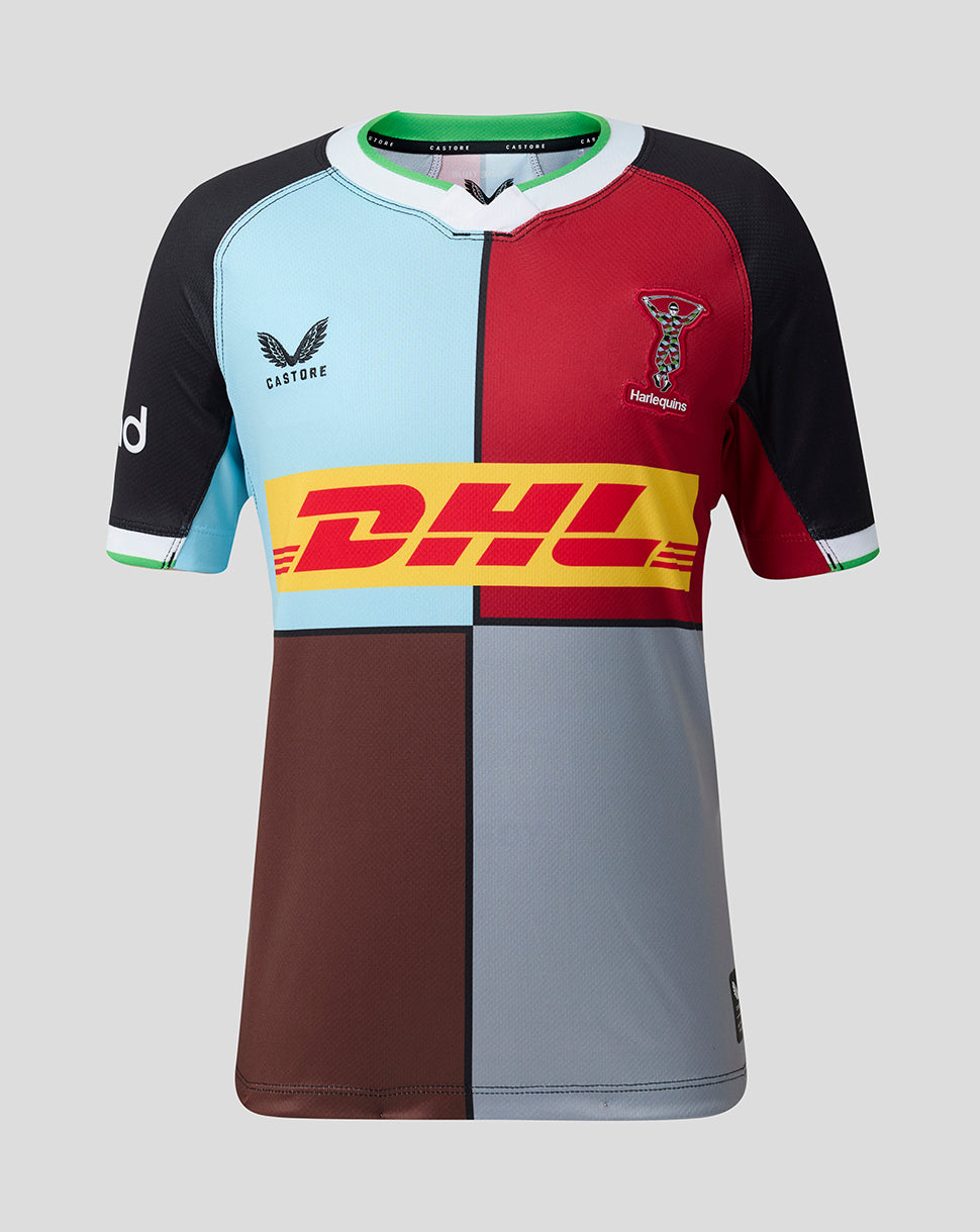 Multicolored sports jersey with DHL logo on a gray background