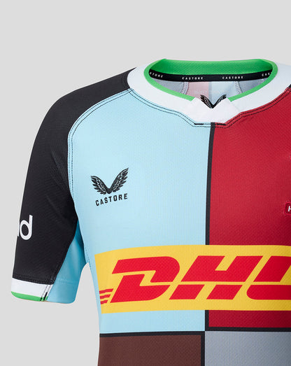 Cycling jersey with Castore and DHL logos on a gray background