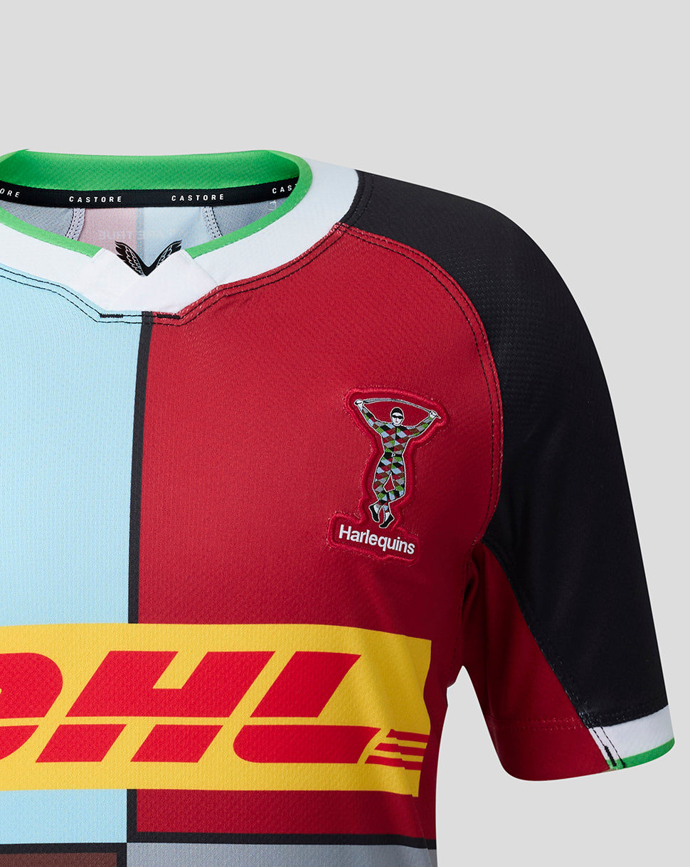 Rugby jersey with Harlequins logo and DHL sponsorship on a gray background