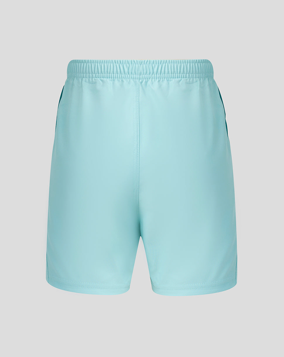 Light blue athletic shorts with an elastic waistband, shown against a solid gray background.