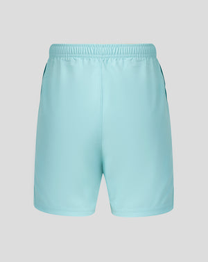 Light blue athletic shorts with an elastic waistband, shown against a solid gray background.