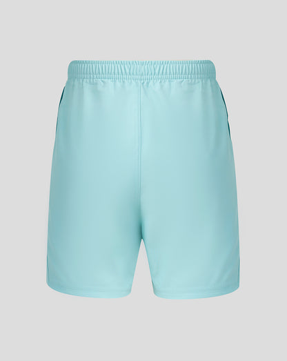 Light blue athletic shorts with an elastic waistband, shown against a solid gray background.