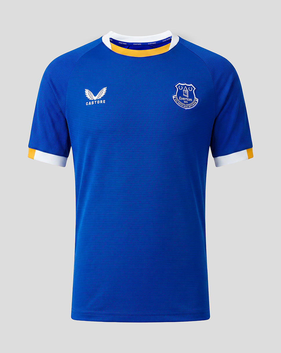 Front view of Everton FC Junior 26/27 Home Short Sleeve Shirt in blue with team crest on the chest and Castore logo