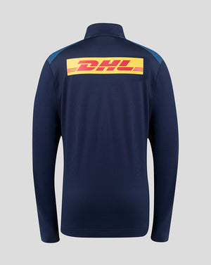 Navy blue jacket with DHL logo on the back against a light gray background