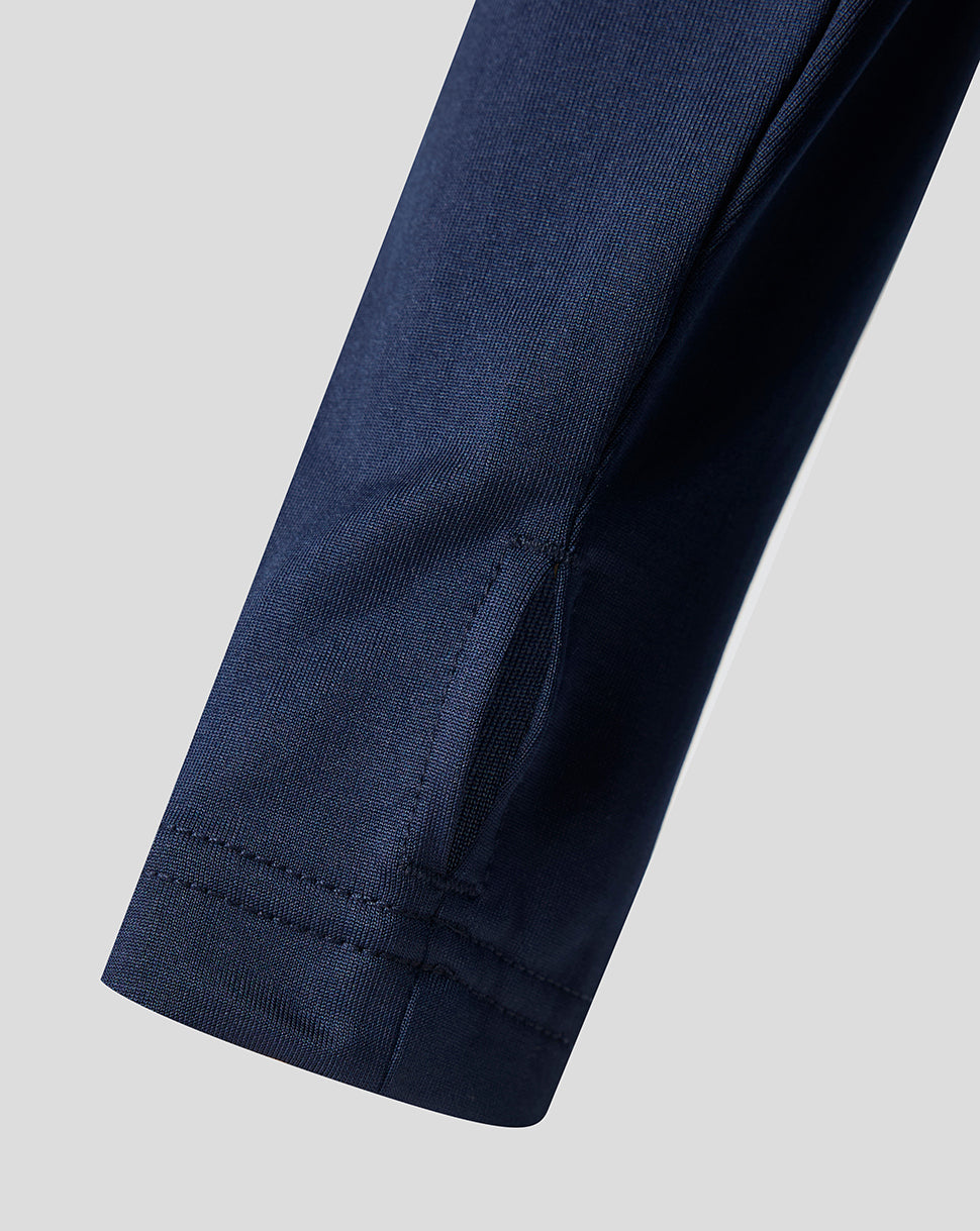Close-up of a navy blue sleeve on a light gray background