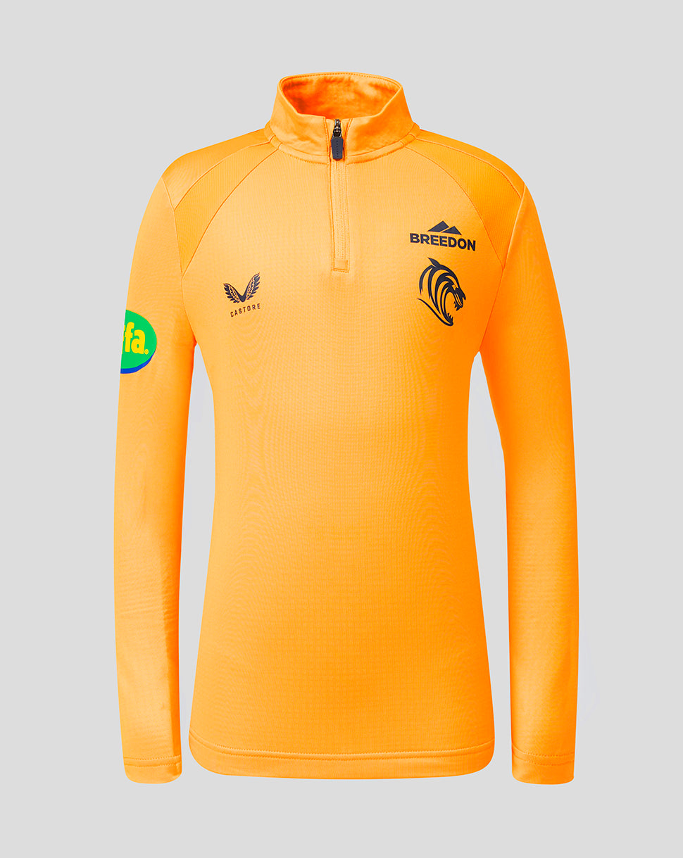 Bright orange Leicester Tigers training quarter zip top front view with zip neck tiger crest and Castore branding