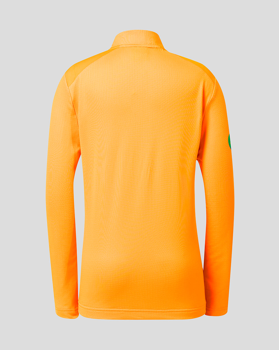 Back view of bright orange Leicester Tigers training quarter zip top with shoulder panels and high collar