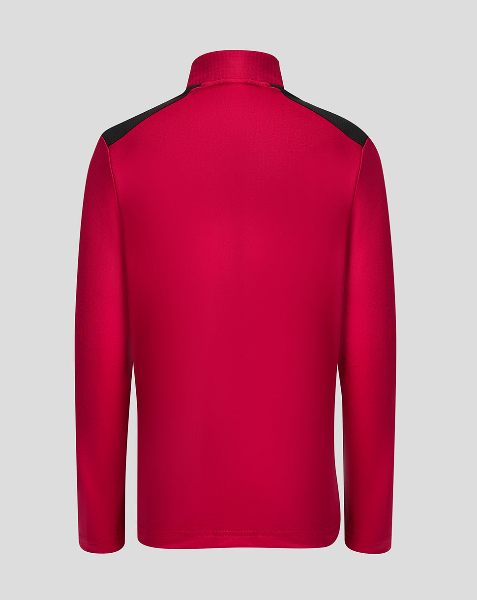 Red quarter-zip sweatshirt with black accents on a light gray background