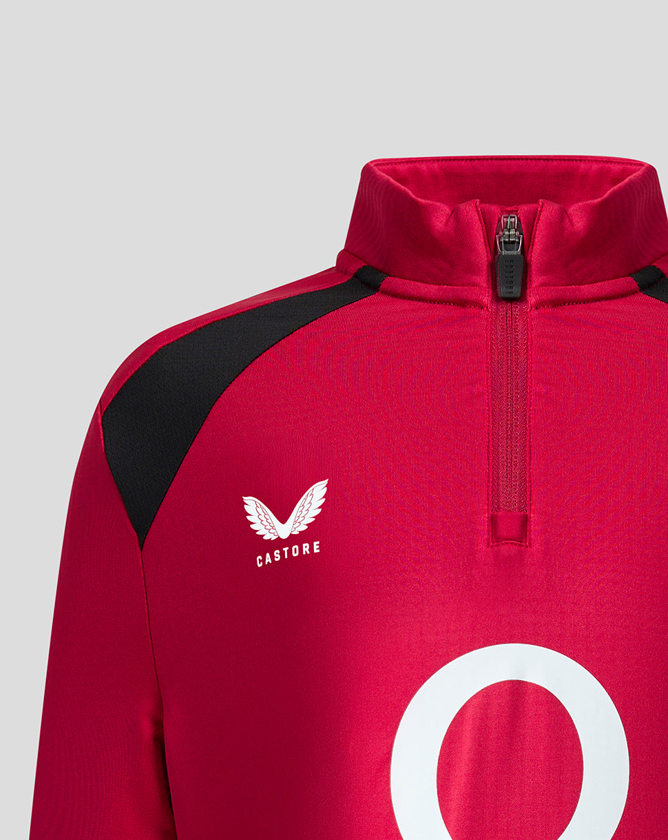 Red sports jacket with black shoulder panel and white logo on a light gray background