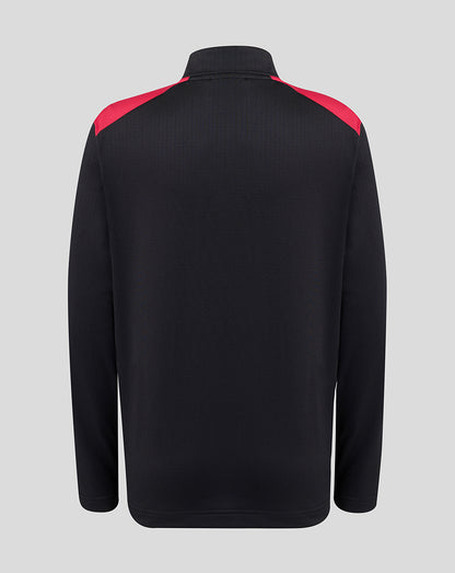 Black jacket with red accents on a gray background