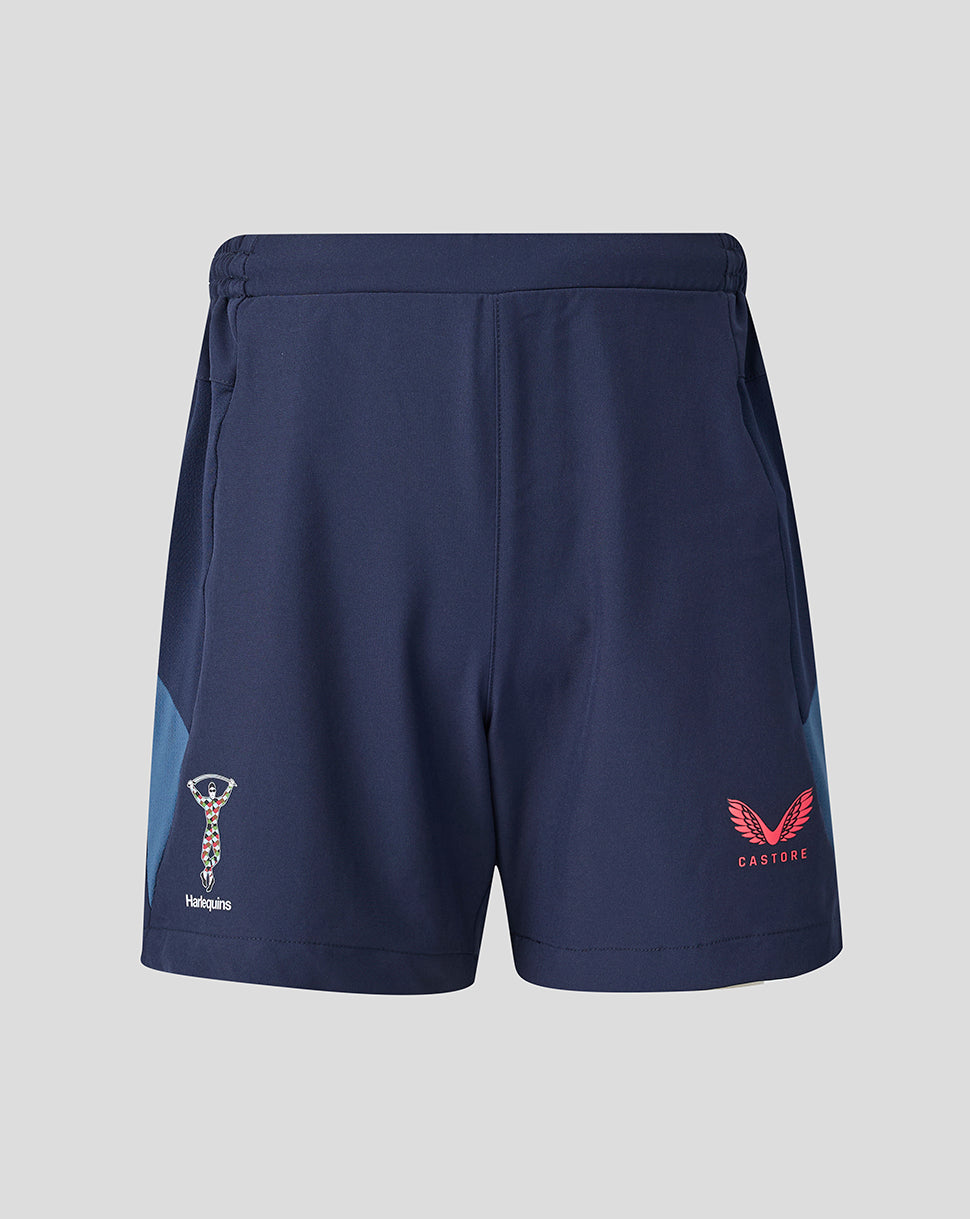 Navy shorts with logos on a light gray background