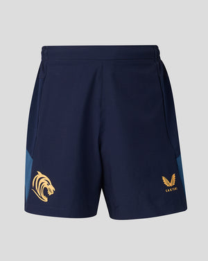 Navy Leicester Tigers training shorts with a gold tiger crest on the left leg and Castore branding on the right.
