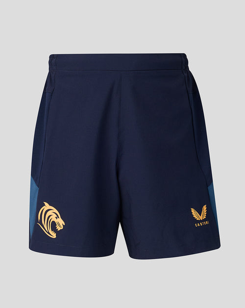 Navy Leicester Tigers training shorts with a gold tiger crest on the left leg and Castore branding on the right.