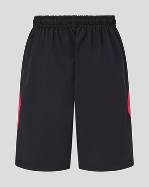 Black shorts with a red stripe on a gray background