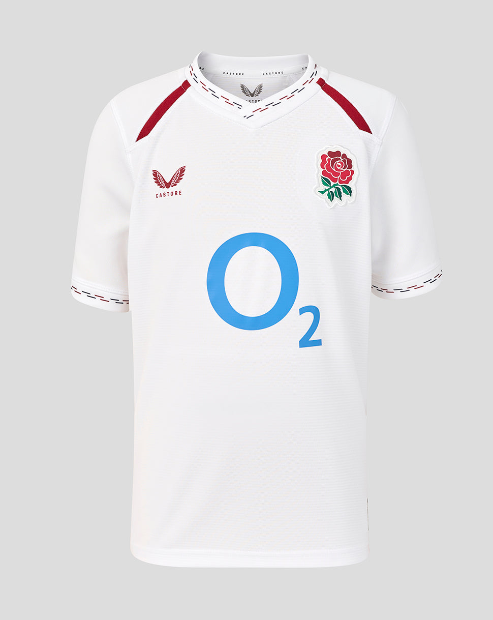 White sports jersey with red accents and branding on a gray background