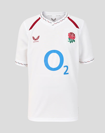 White sports jersey with red accents and branding on a gray background