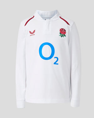 White rugby jersey with red rose emblem, blue 'O2' logo, and England rugby union logo on a light gray background