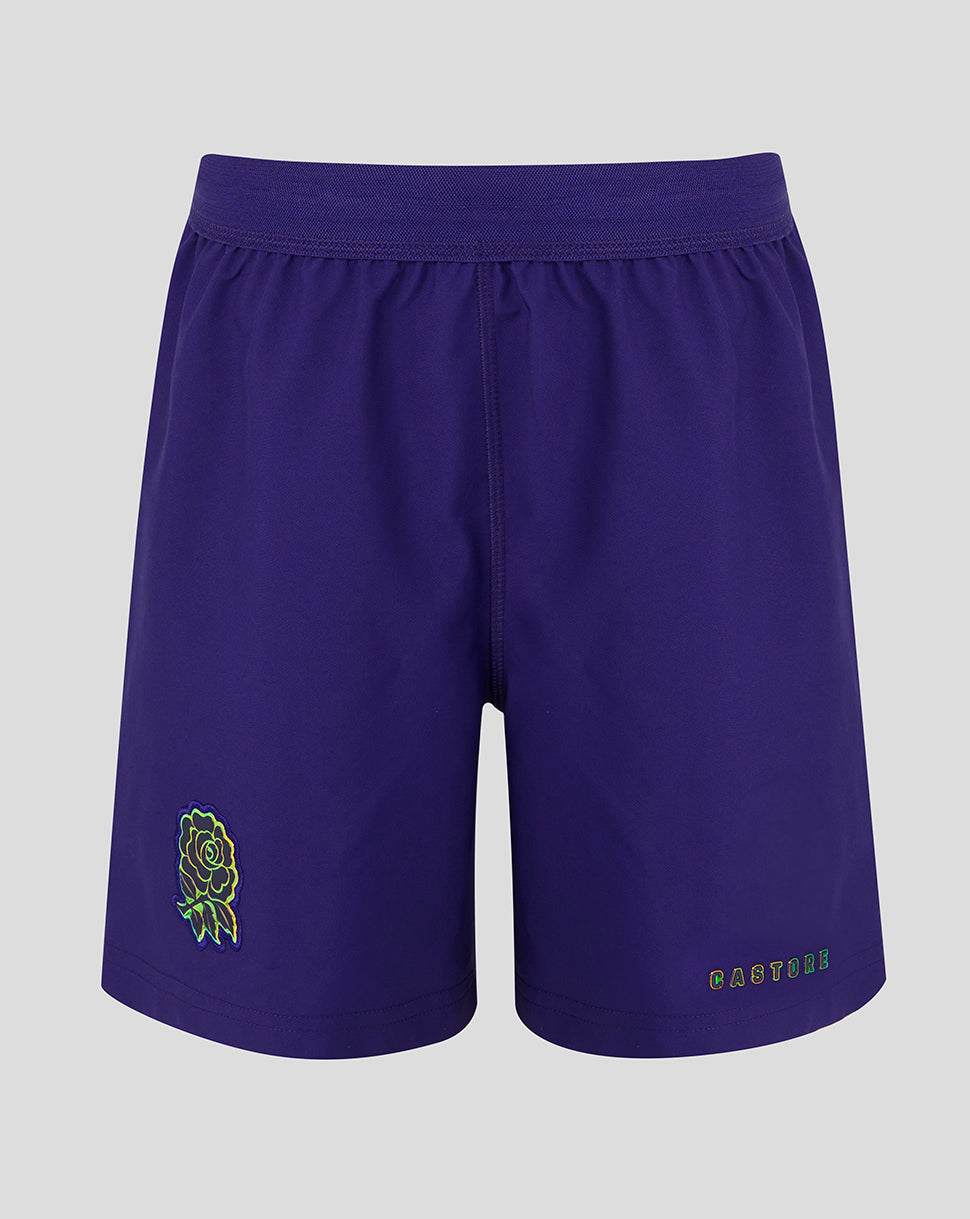 Purple shorts with a logo and text on a gray background
