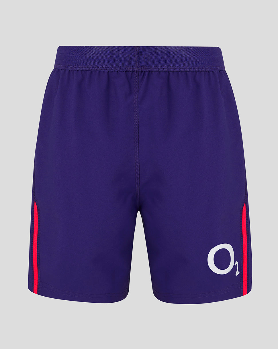 Blue shorts with red accents and a logo on a gray background