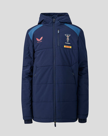 Navy blue jacket with brand logos on a light gray background