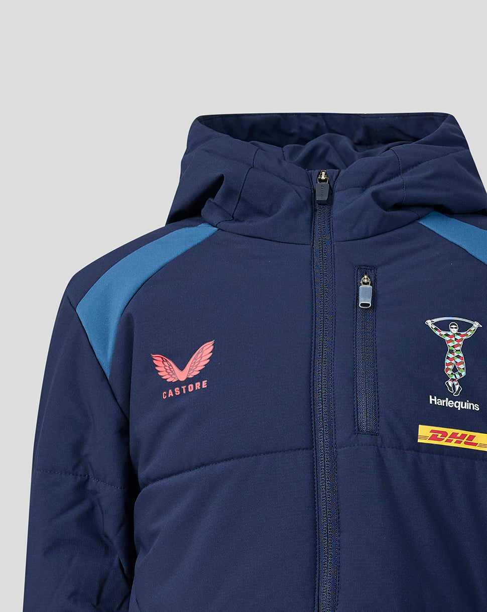 Navy blue jacket with brand logos on a light gray background