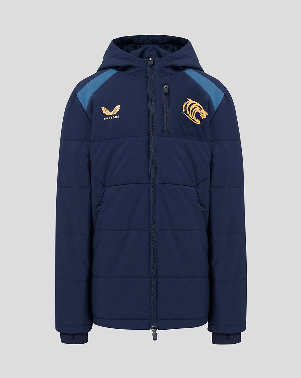 Front view of navy hooded padded training jacket with teal shoulder panels and Leicester Tigers crest