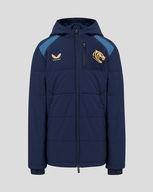 Front view of navy hooded padded training jacket with teal shoulder panels and Leicester Tigers crest