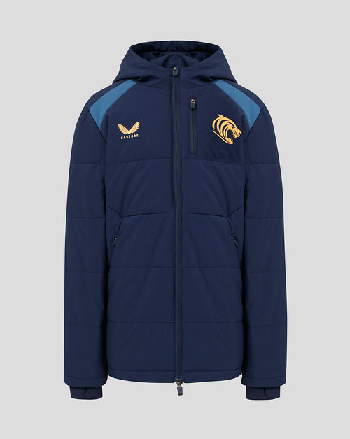 Front view of navy hooded padded training jacket with teal shoulder panels and Leicester Tigers crest