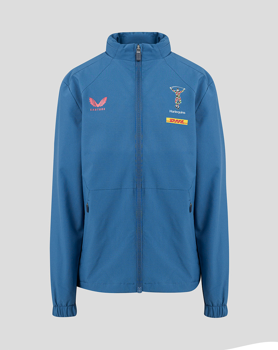 Blue jacket with logos on a gray background