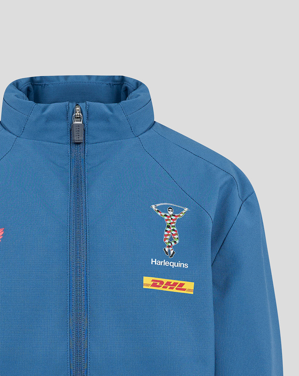 Blue jacket with Harlequins and DHL logos on a light gray background