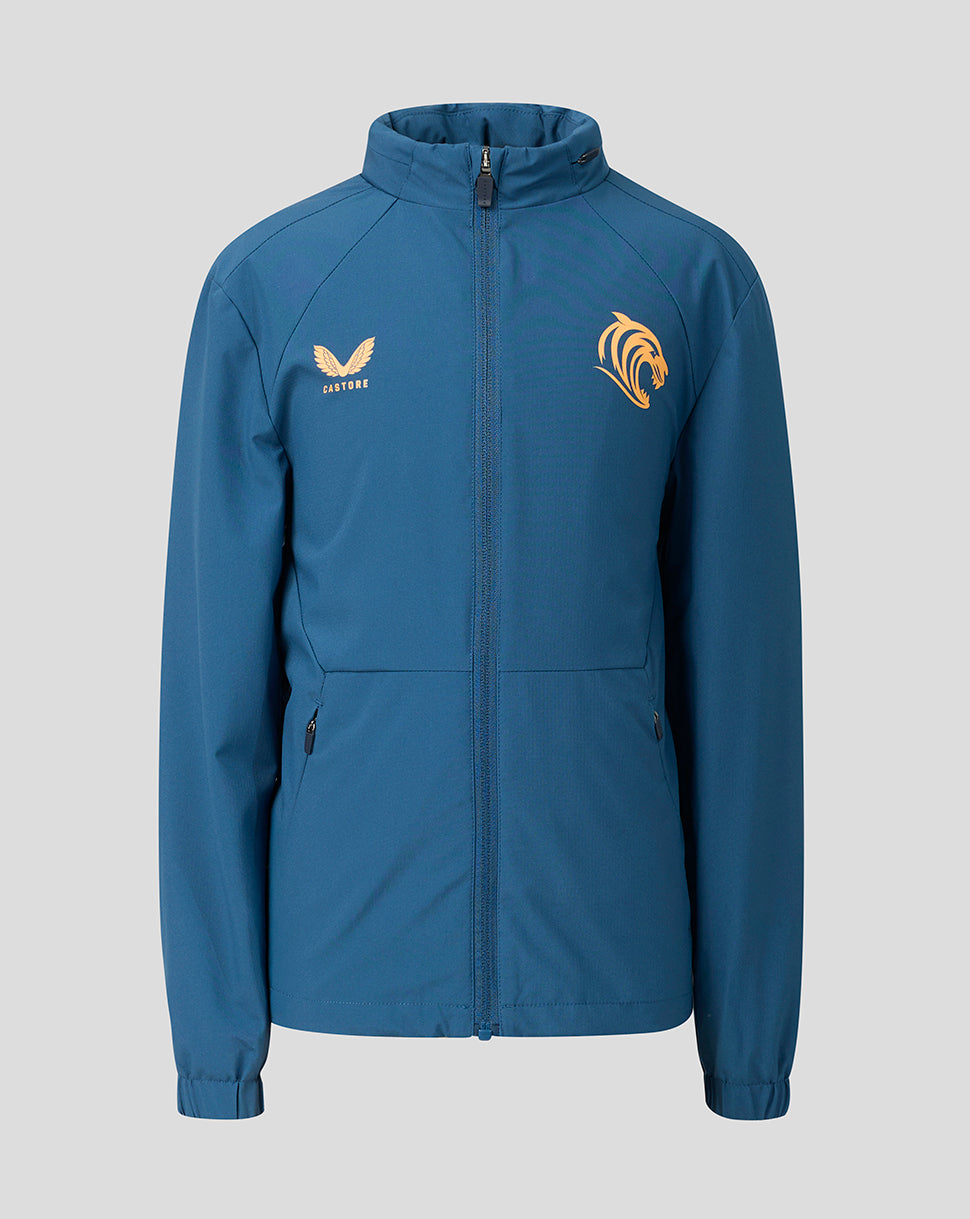 Front view of blue Leicester Tigers packable hood shower jacket with Castore logo on left chest and tiger crest on right