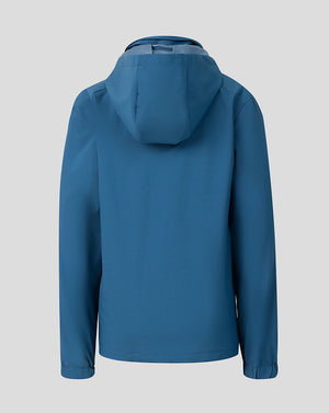 Back view of blue Leicester Tigers junior training shower jacket with hood