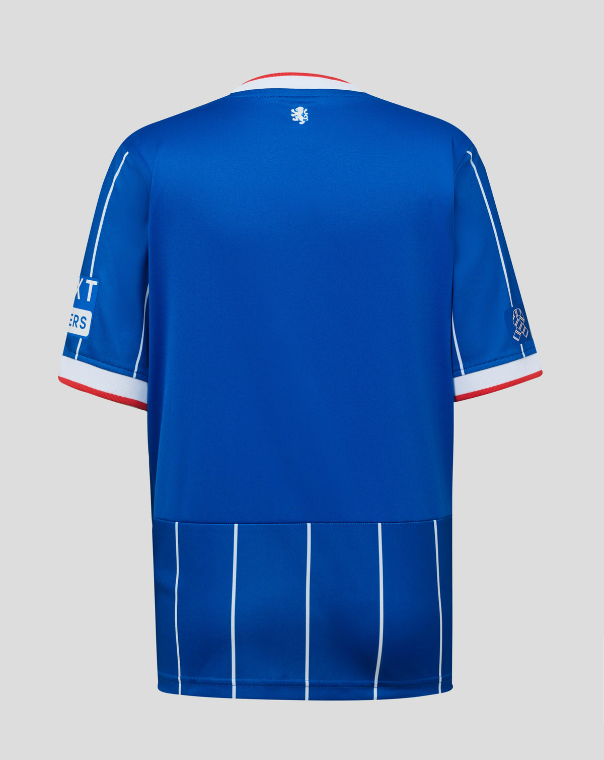 The back of a royal blue soccer jersey with white vertical pinstripes, white sleeve stripes, and red trim at the collar and cuffs, shown on a neutral gray background.
