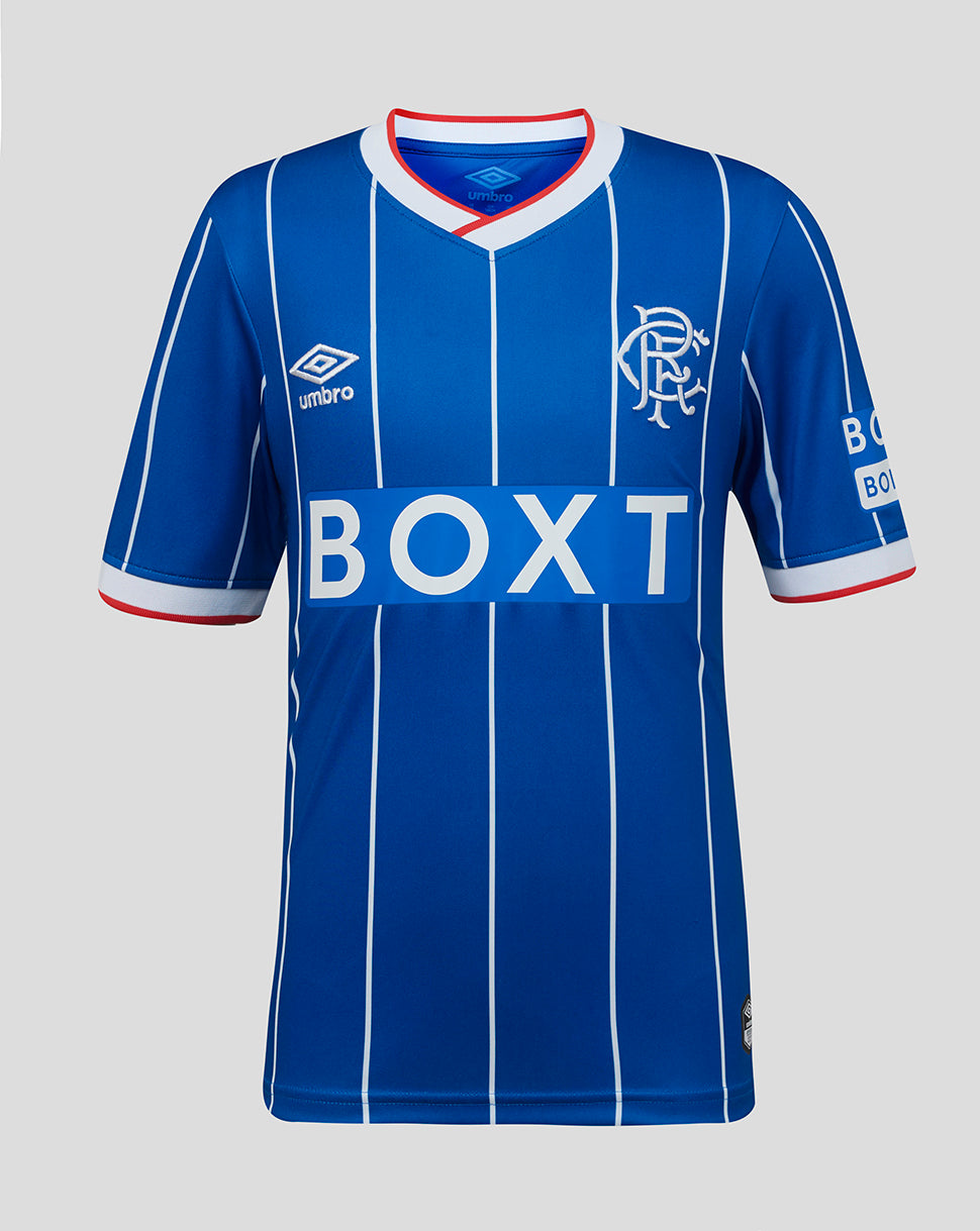 Blue sports jersey with white stripes and branding on a gray background