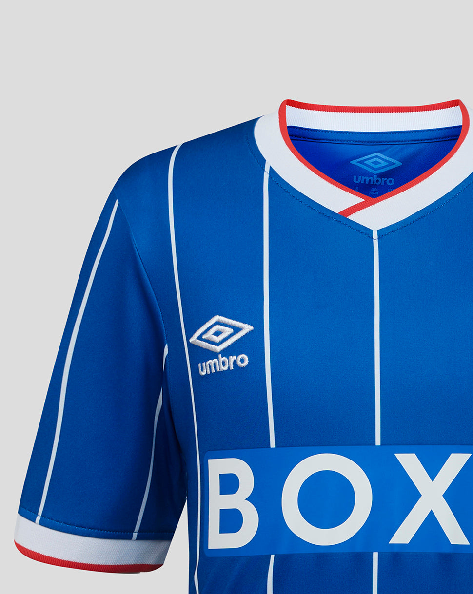 Blue sports jersey with 'Umbro' logo and 'BOX' text on a gray background