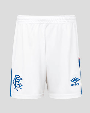 White shorts with blue logos on a gray background