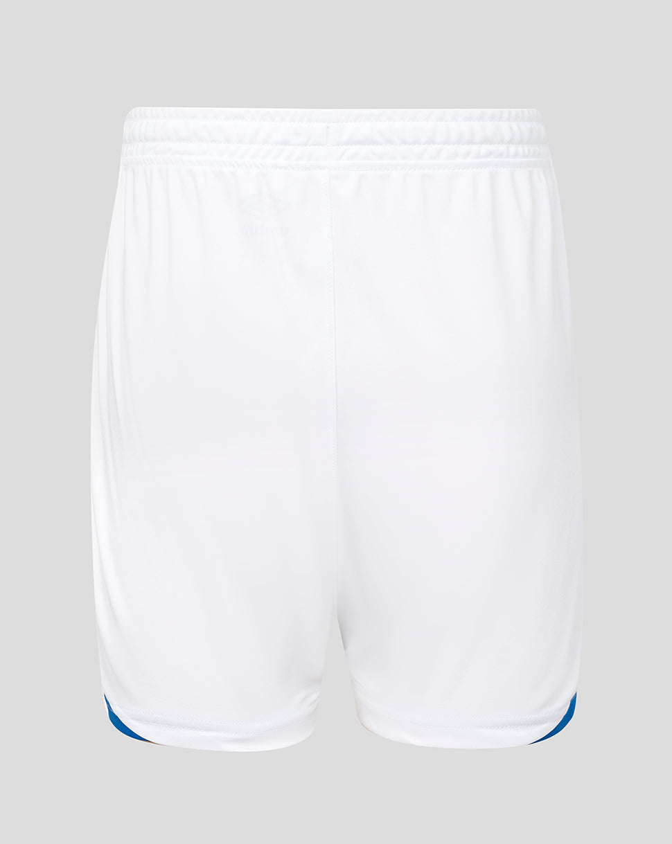 White shorts with blue accents on a light gray background