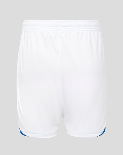 White shorts with blue accents on a light gray background