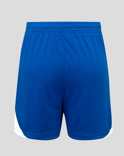 Blue shorts with white accents on a gray background