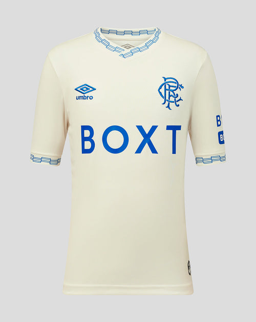 Cream-colored sports jersey with blue branding on a light gray background