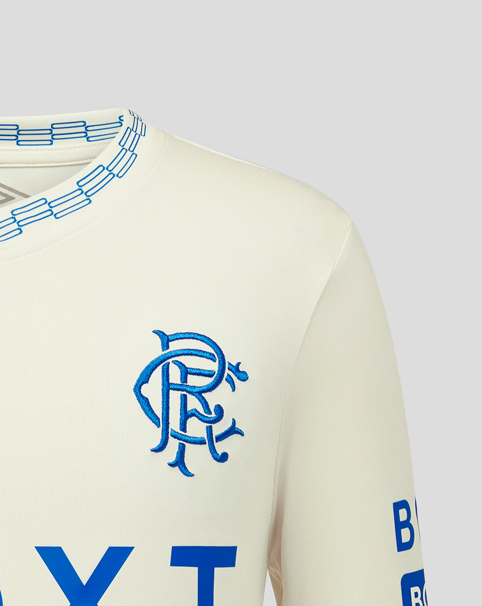 Close-up of a sports jersey with blue branding on a light background