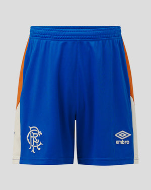 Blue sports shorts with orange and white accents on a gray background