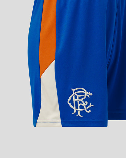 Blue sports jersey with orange and white accents on a light gray background