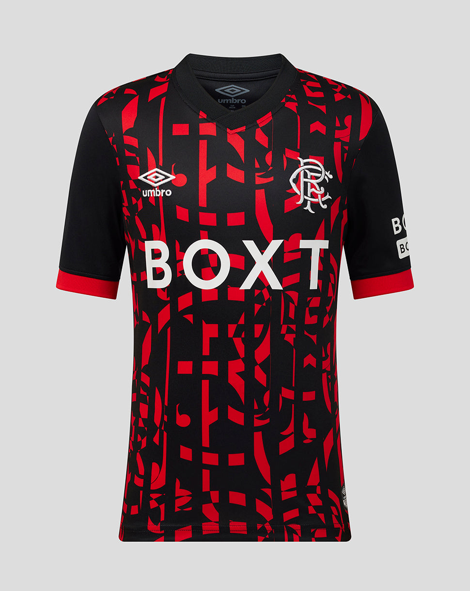 A black and red patterned short-sleeve soccer jersey with white 'umbro' branding, a Rangers FC crest, and 'BOXT' sponsor text across the chest, shown on a light gray background.