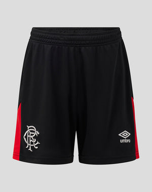Black athletic shorts with red side panels, featuring the white Rangers FC crest on the left leg and the Umbro logo on the right leg, shown against a solid gray background.