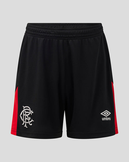 Black athletic shorts with red side panels, featuring the white Rangers FC crest on the left leg and the Umbro logo on the right leg, shown against a solid gray background.