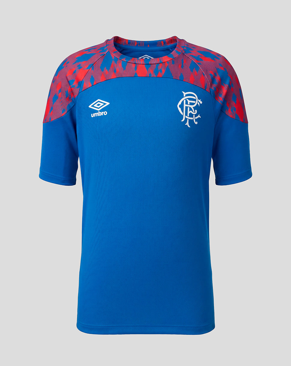A blue short-sleeve soccer jersey with red patterned shoulder panels, featuring the white Umbro logo on the right chest and the Rangers club crest on the left chest, shown against a light gray background.
